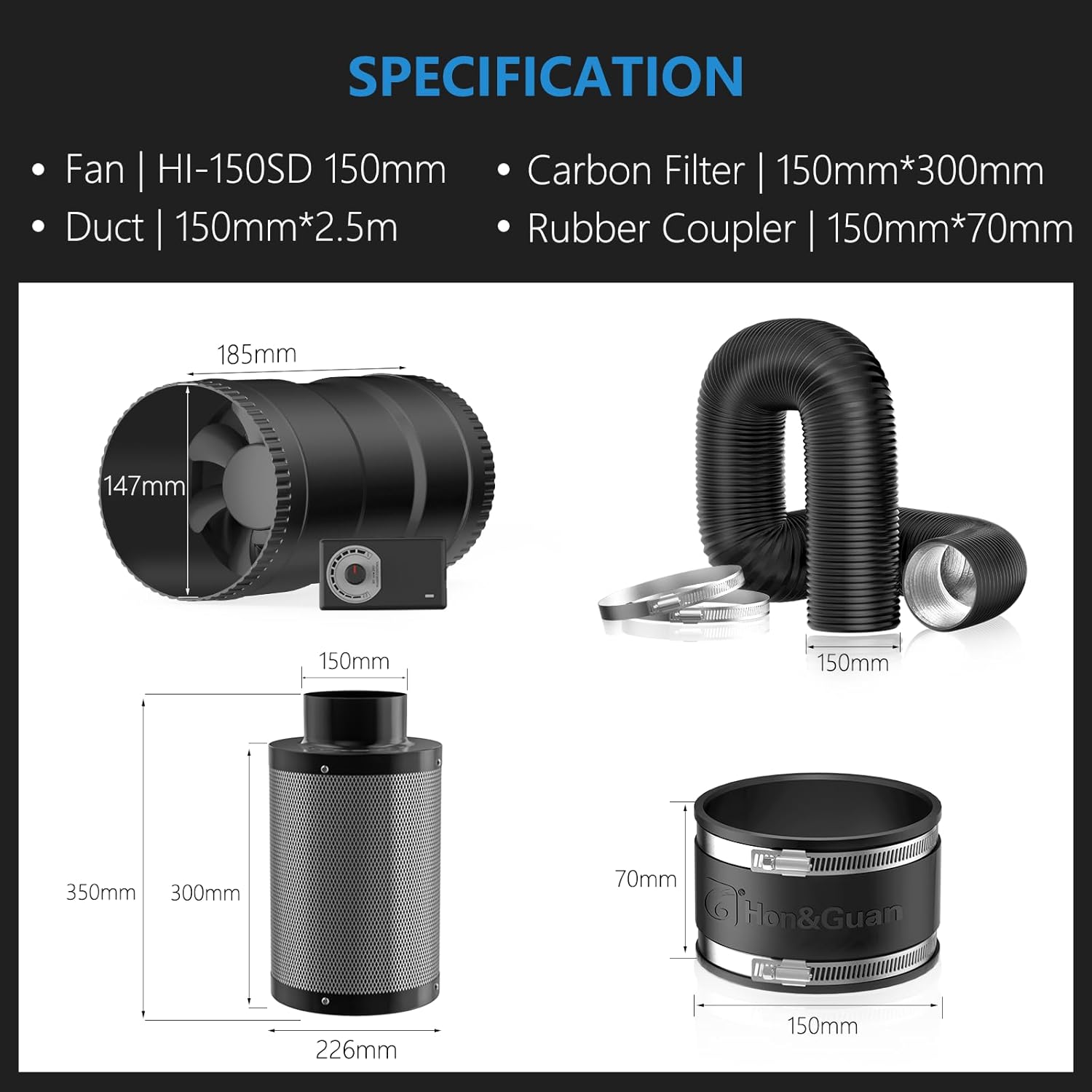 Detalle de Hon&Guan kit complet de ventilateur tubulaire en ligne 150 mm (587 m³/h) avec variateur et filtre à charbon actif