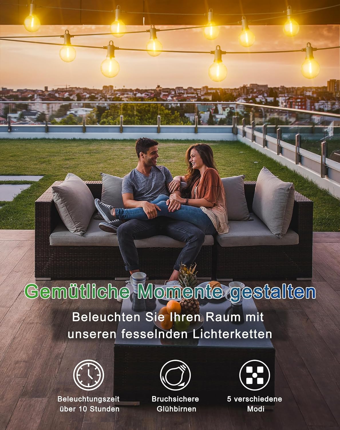Thumbnail 1 de Zuske Solar Lichterkette Außen 9,5 m – 15+1 G40 LED, IP65, 5 Modi, USB-C Lademöglichkeit