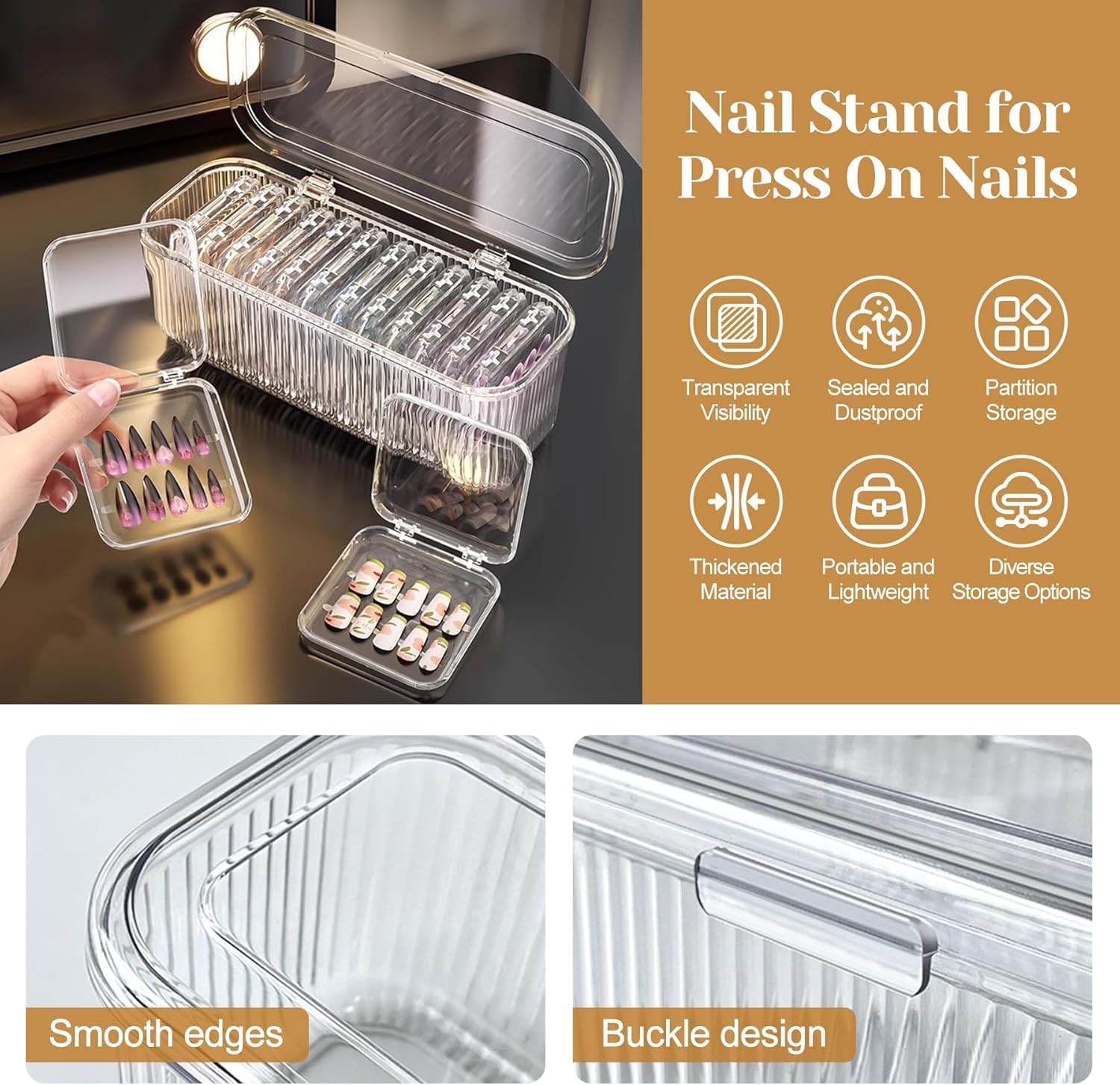 Thumbnail 5 de Inmorven Press On Nail Organiser Kit (14 clear cases + 1 big acrylic storage box + 60 double-sided tape strips)
