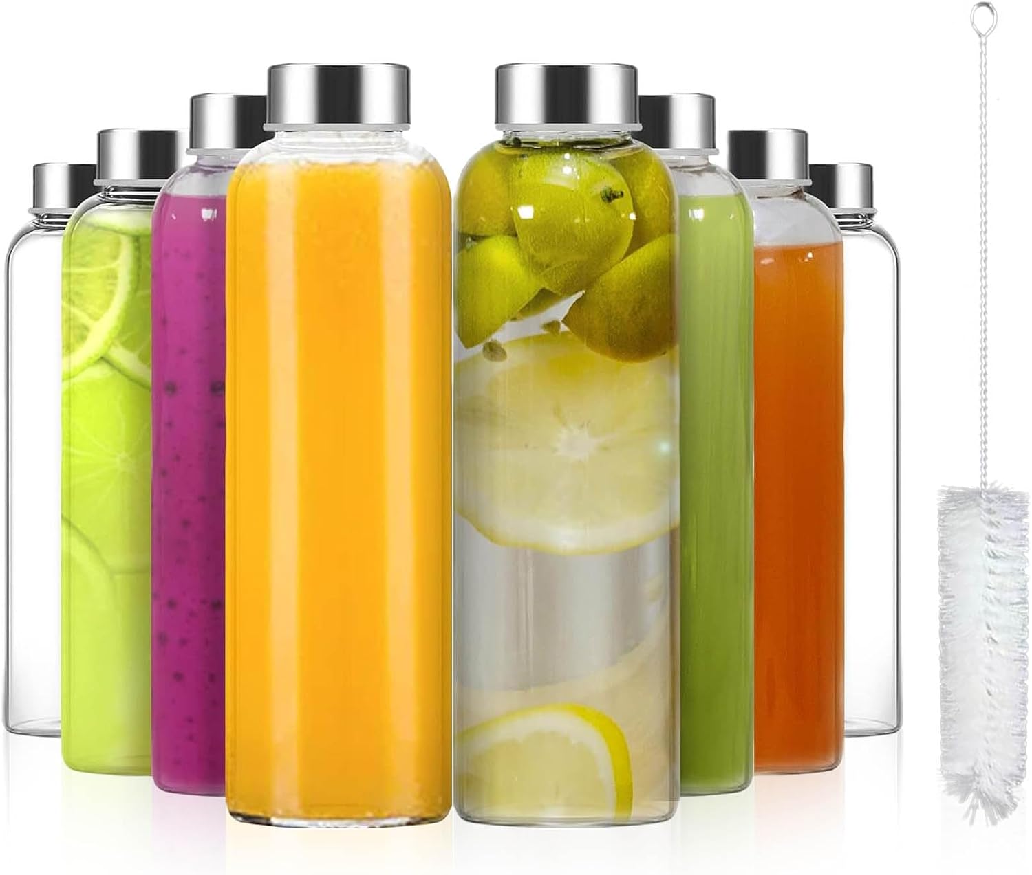Eidoct 8pcs 500ml Glass Water Bottles with Lids (Leakproof) + Cleaning Brush