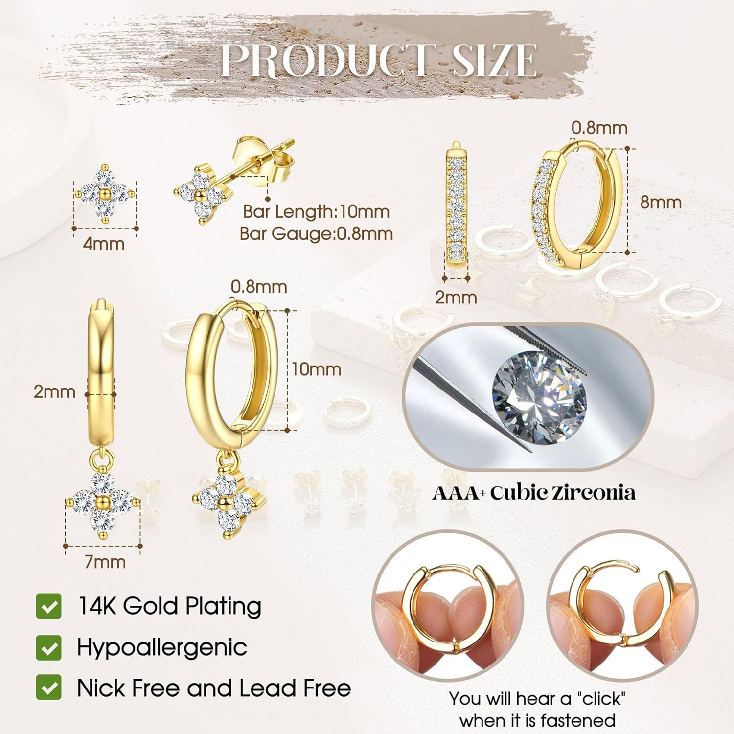 Detalle de Dochais 3 Paar Ohrringe Gold Set – 14K vergoldete Ohrstecker & Creolen mit Anhänger