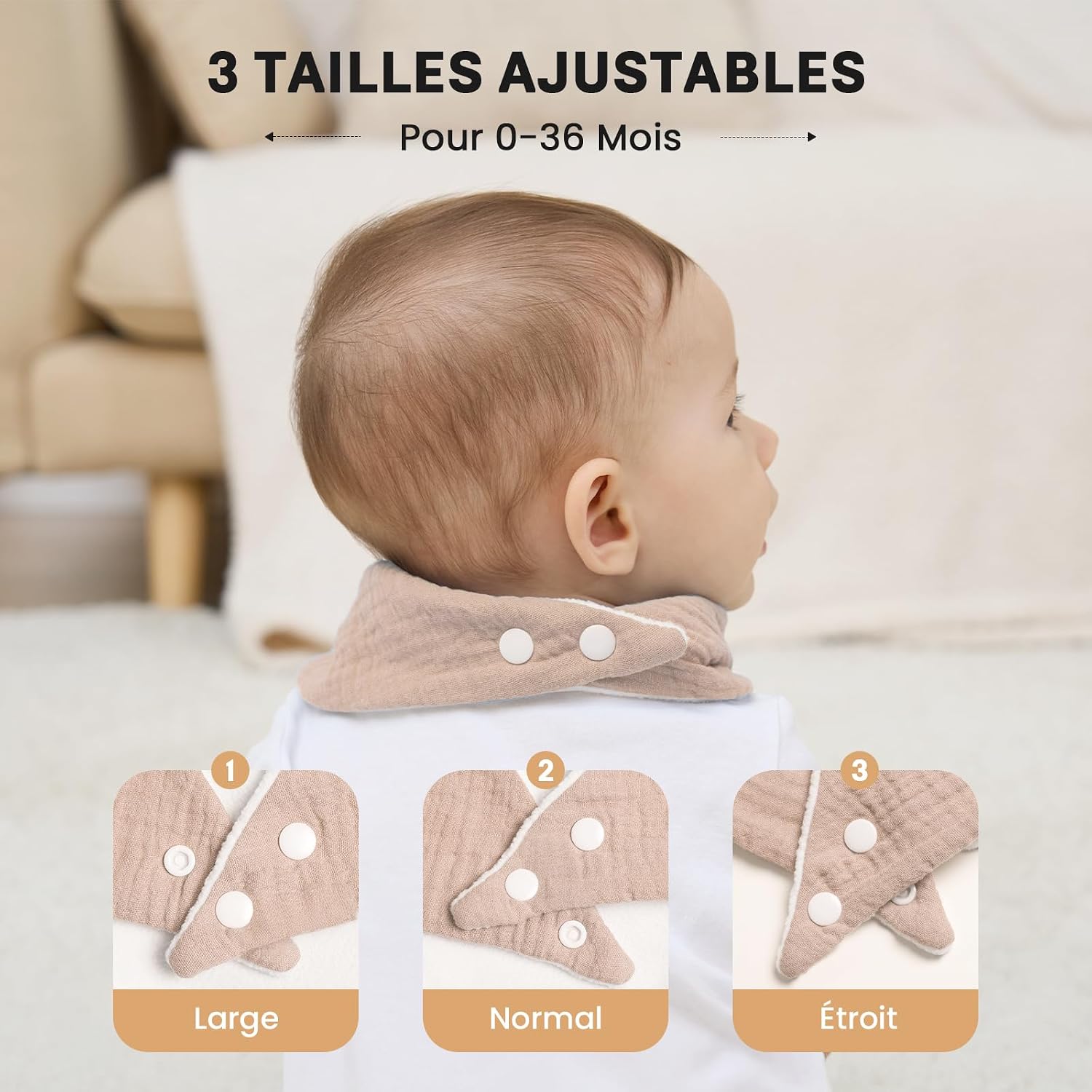 Thumbnail 6 de IKWOLETI Bavoirs Bébé Naissance Mousseline – Pack de 8 bandanas absorbantes et ajustables