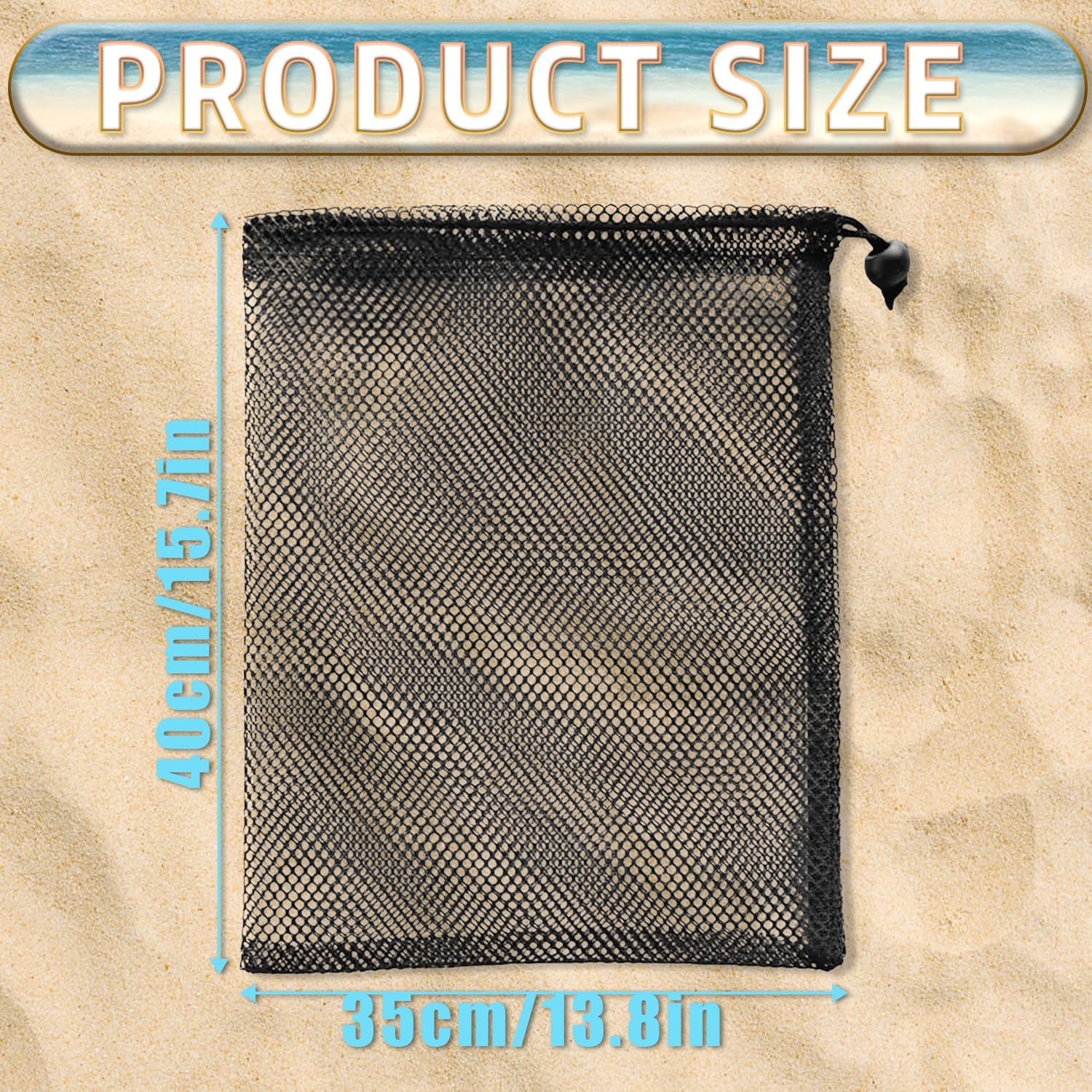 Detalle 2 de COLANANA 2pc Mesh Drawstring Bags (40 x 35cm) – black drawstring organisers for toys, swimming & travel