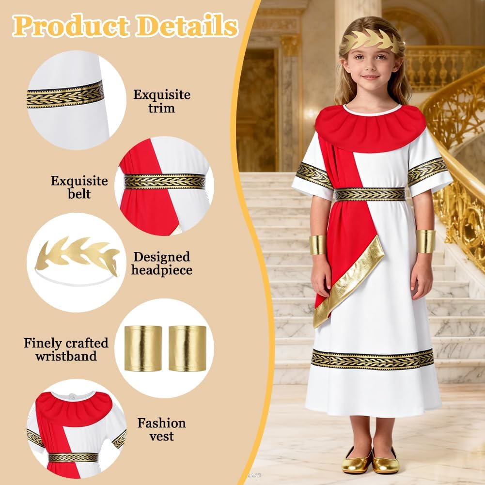 Thumbnail 2 de Costume da antica Grecia Romana BSBUY per ragazzi e ragazze, bianco e rosso (toga/abito lungo con cintura)
