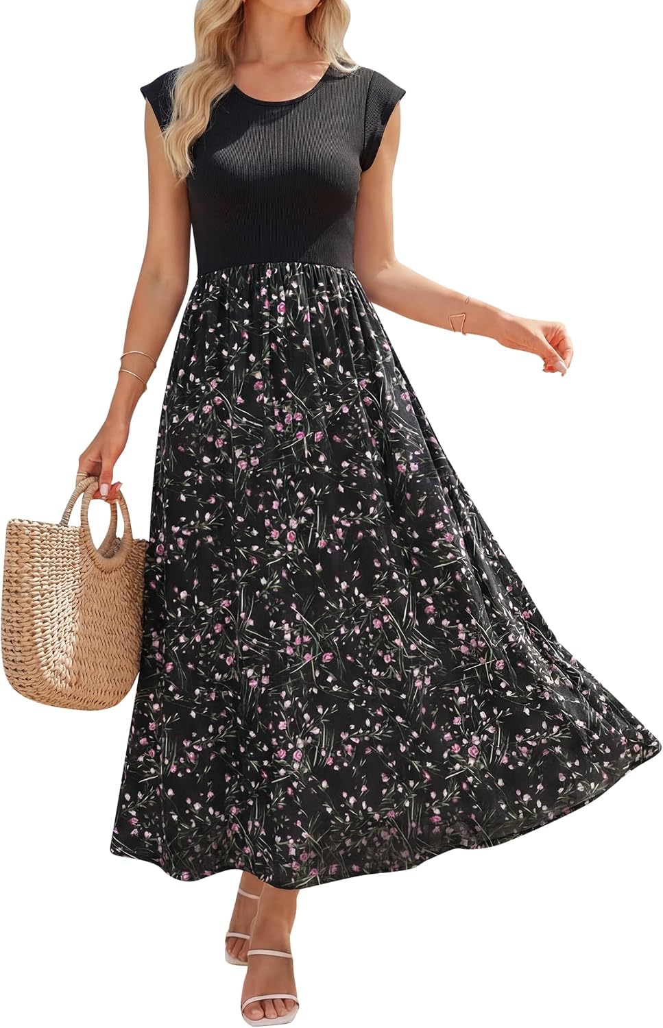 Detalle de OUGES Sommerkleid Damen Lang Rüschen Maxikleid – Elegantes Sommerkleid mit Taschen