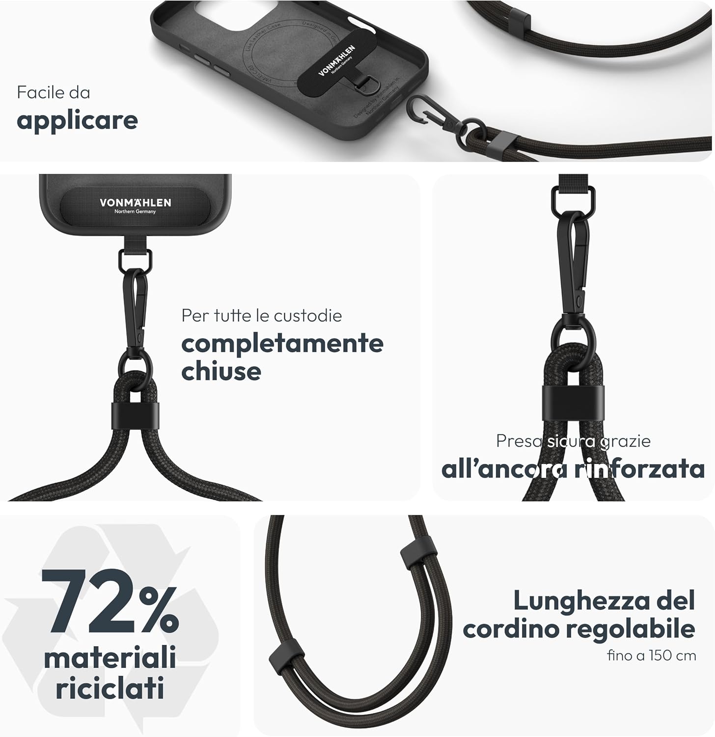 Detalle de VONMÄHLEN Infinity Go: Cordino per Cellulare Regolabile fino a 150 cm, Universale e Sicuro