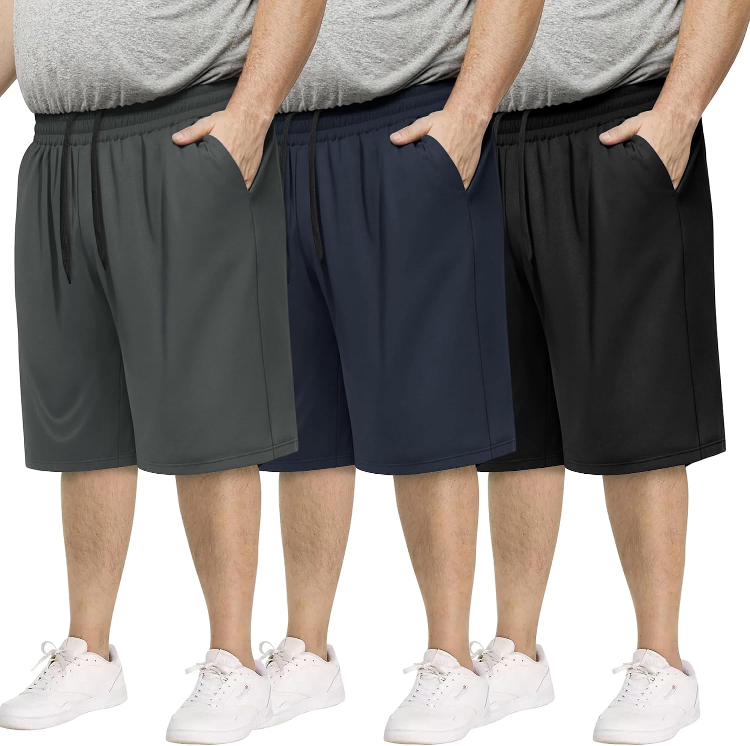 Detalle de BOOJO 3 Pack Big & Tall Men's Gym Shorts – 3XL–5XL, Black with Pockets