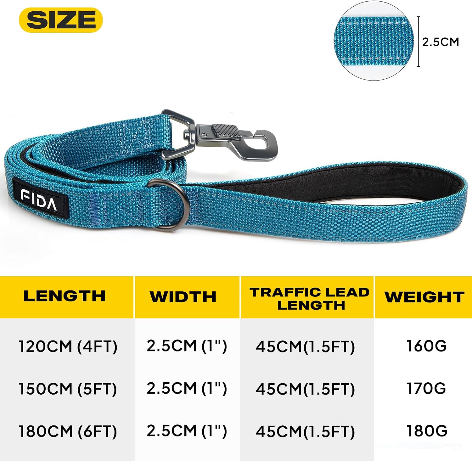 Detalle de Fida Heavy Duty Dog Lead for Medium/Large Dogs – 1.2m with Traffic Handle & Reflective Webbing