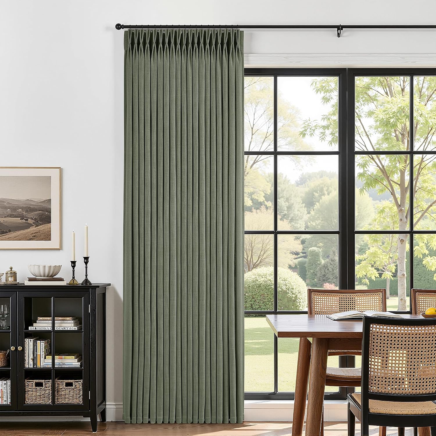 Thumbnail 2 de COMON HOME Sage Green Pinch Pleated Linen Curtain (102 Inches) with Rings, Hooks, Clips, Back Tab – Light Filtering, Boho Farmhouse Style