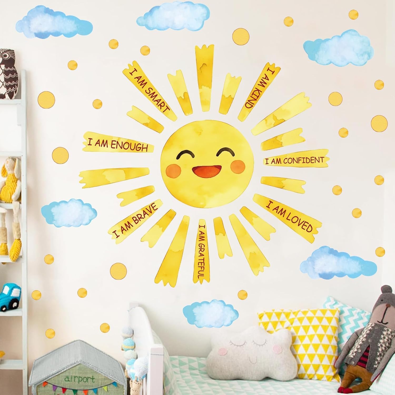 Detalle de ANHUIB Inspirational Quote Sun Wall Decal – 98 x 30 cm, Cloud, Polka Dots and Motivational Quotes for Kids' Rooms
