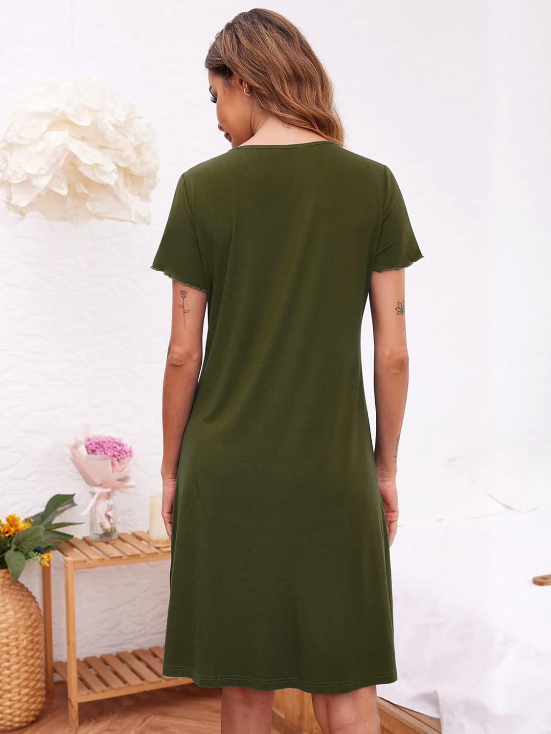 Detalle de Ekouaer Nachthemd Damen Kurzarm Schlafshirt – lockeres Nachtkleid mit Knopfleiste, ideal zum Stillen
