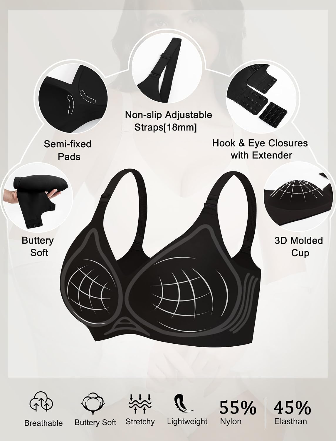 Detalle de Vtelor Non-Wired Bras for Women: Seamless, Wireless Push-Up Comfort