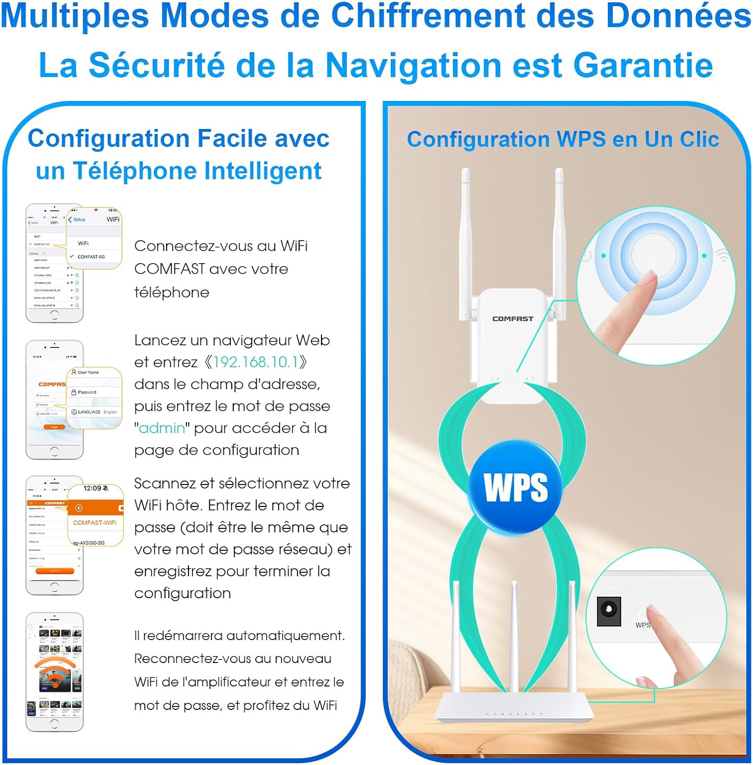 Thumbnail 6 de COMFAST répéteur WiFi N300 2,4 GHz (2 antennes) avec WPS