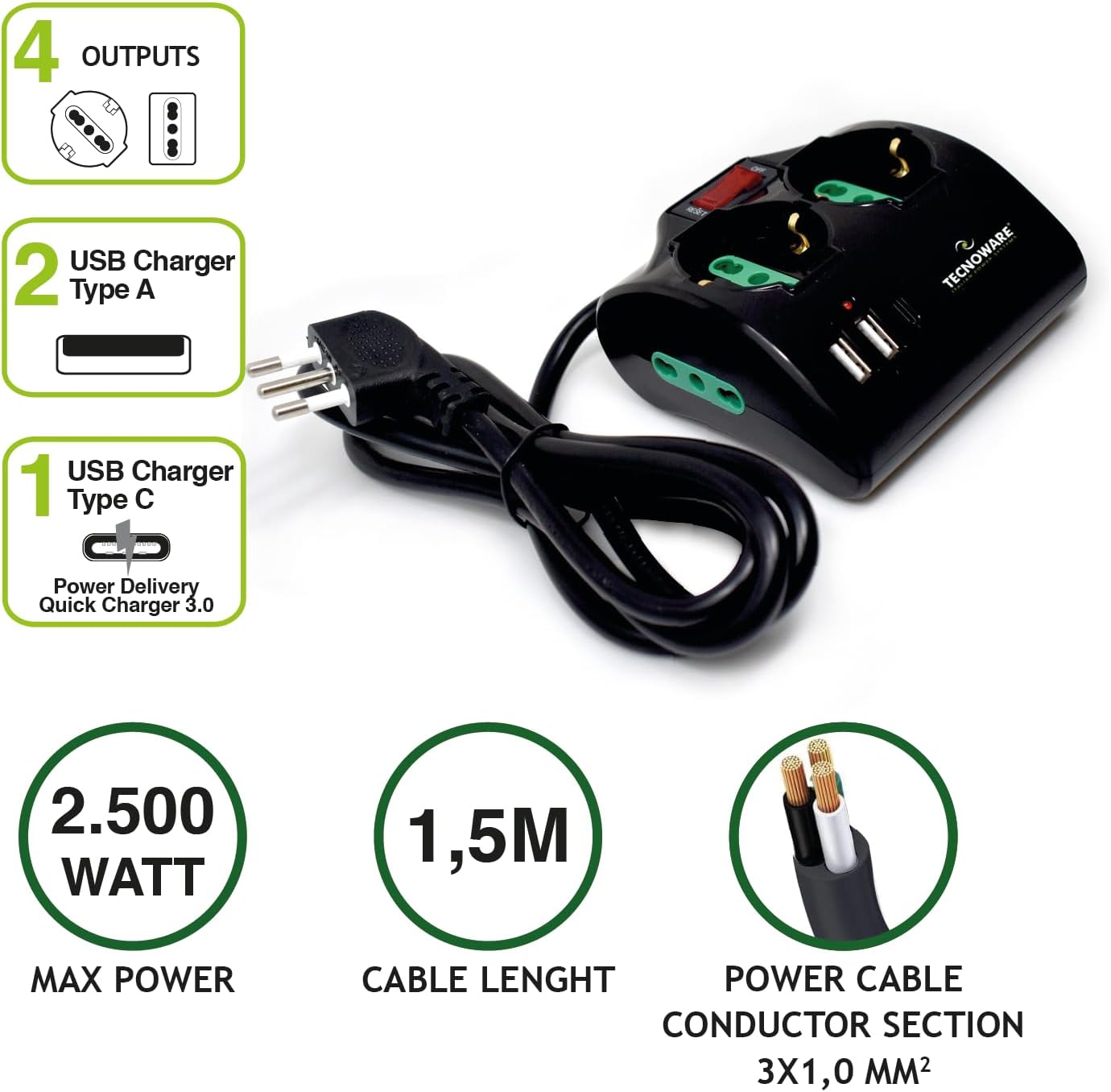 Thumbnail 1 de Tecnoware Power Systems Power Cleaner 4 multipresa con 2 prese Schuko/Italia, USB-A e USB-C Power Delivery