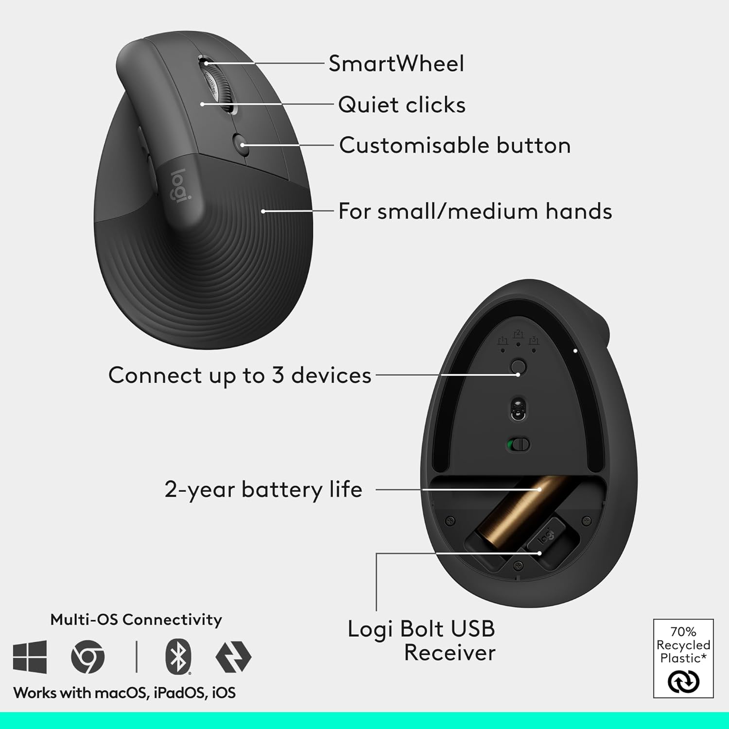 Thumbnail 6 de Logitech Wave Keys & Lift Vertical Mouse ergonomic bundle (Graphite) — wireless keyboard + vertical wireless mouse