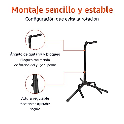 Detalle de Amazon Basics Soporte Portátil Plegable para Guitarra con Trípode Ligero, Acolchado Antideslizante y Altura Ajustable (Negro)