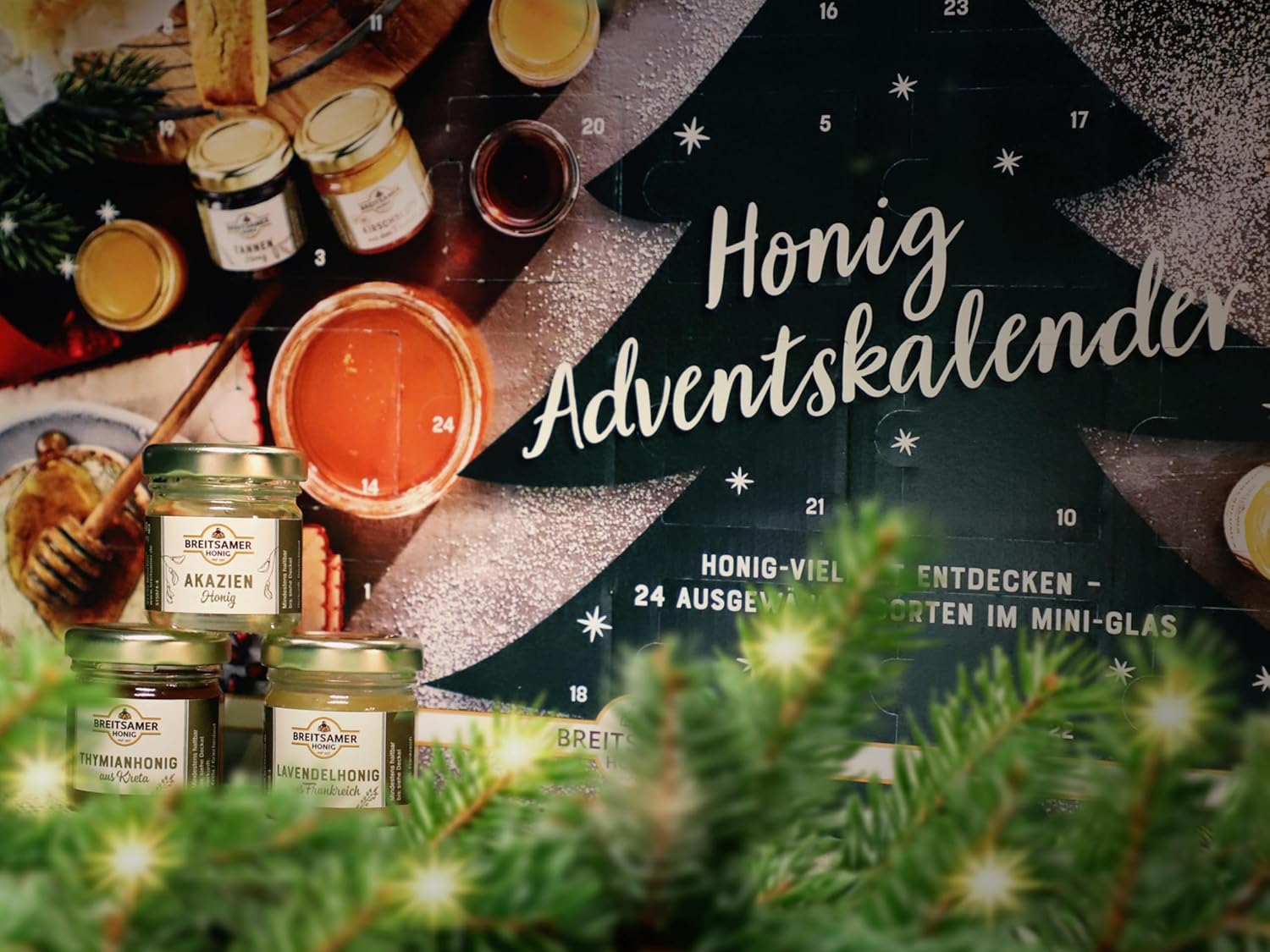 Detalle de Breitsamer Honig-Adventskalender 2025 – 24 Honig-Spezialitäten im 40 g Glas