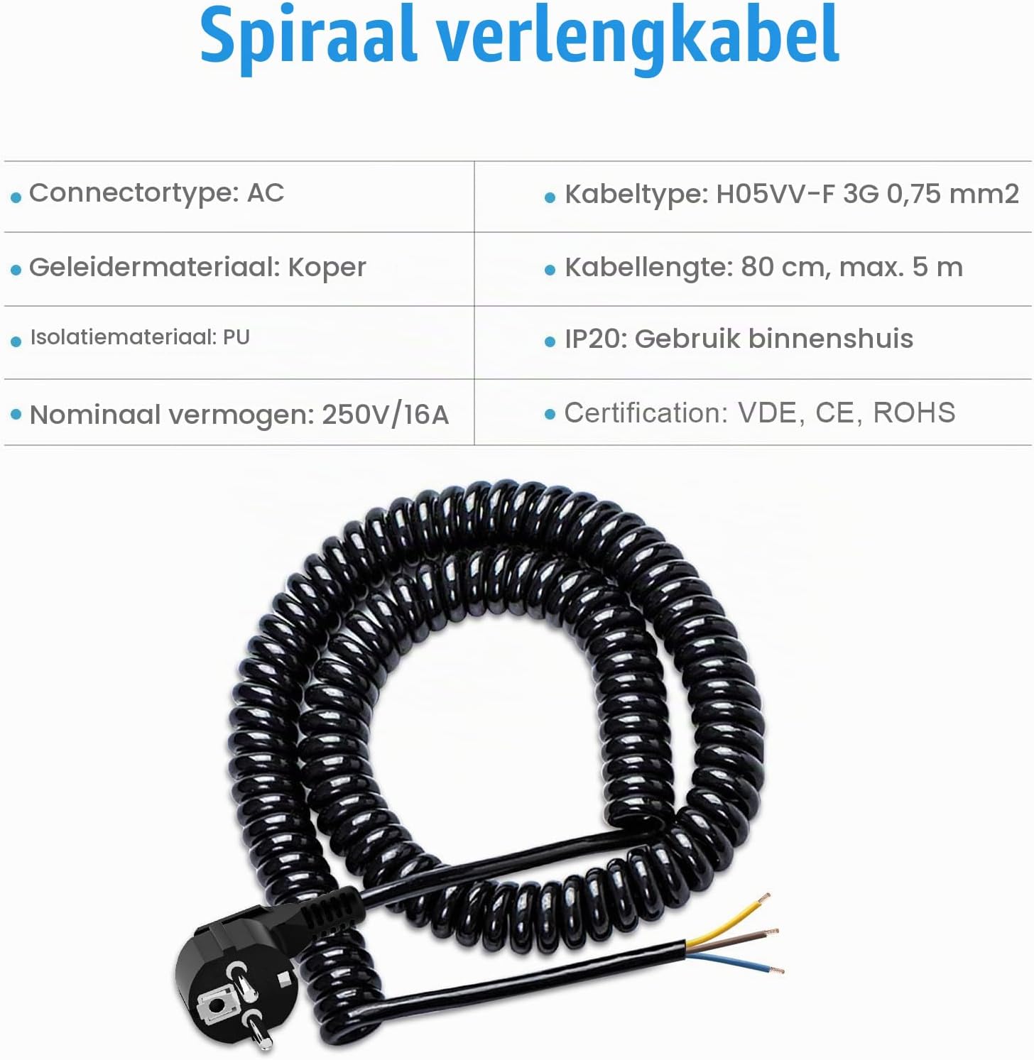 Detalle de PABANCE spiraalkabel 0,8–5 m met geaarde Schukostekker en open uiteinde