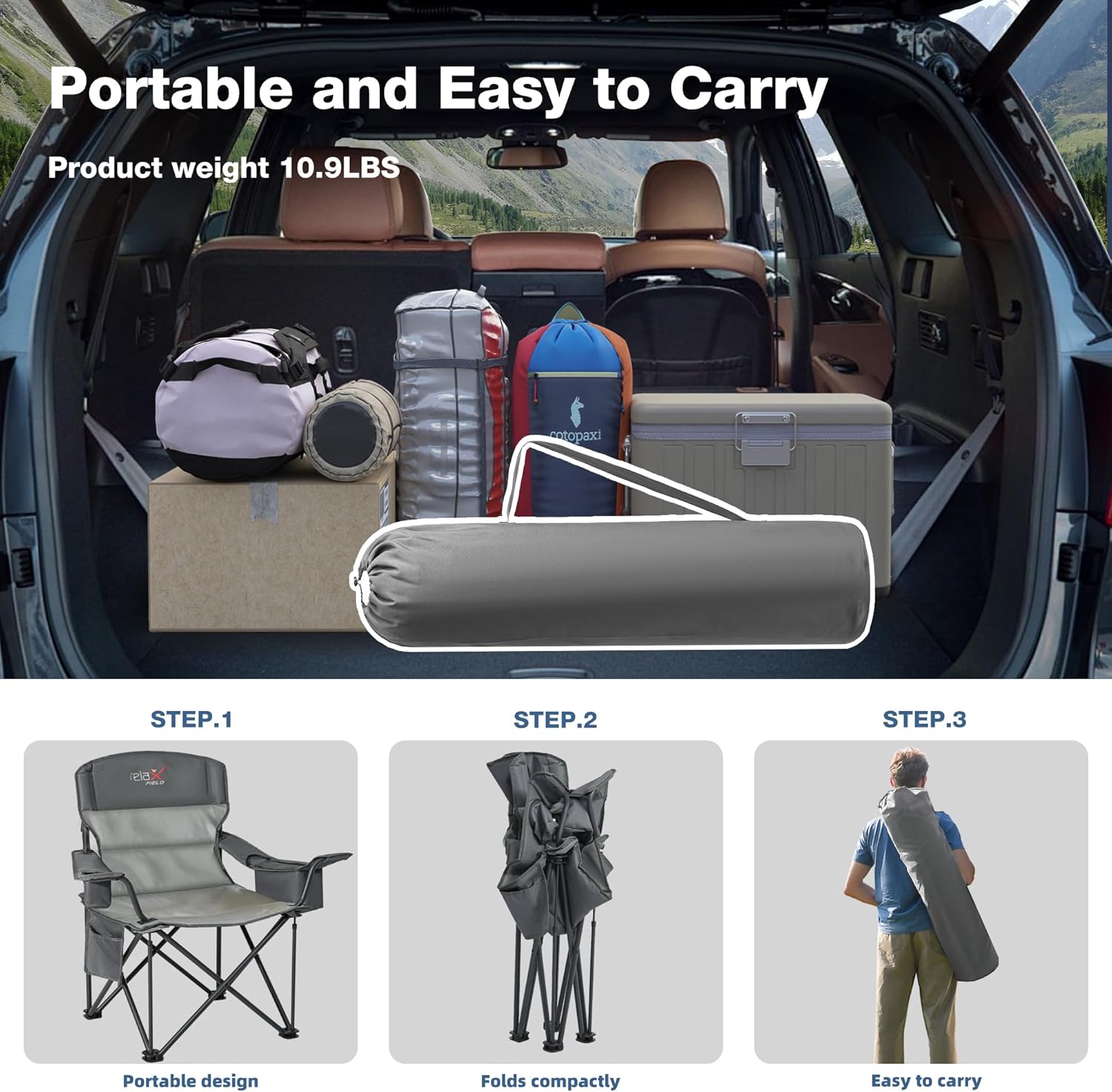 Detalle 2 de RELAX FIELD Set of 2 Oversized Camping Chairs for Adults – Heavy Duty, 200kg Capacity, Cup Holder & Cooler Bag (Grey)