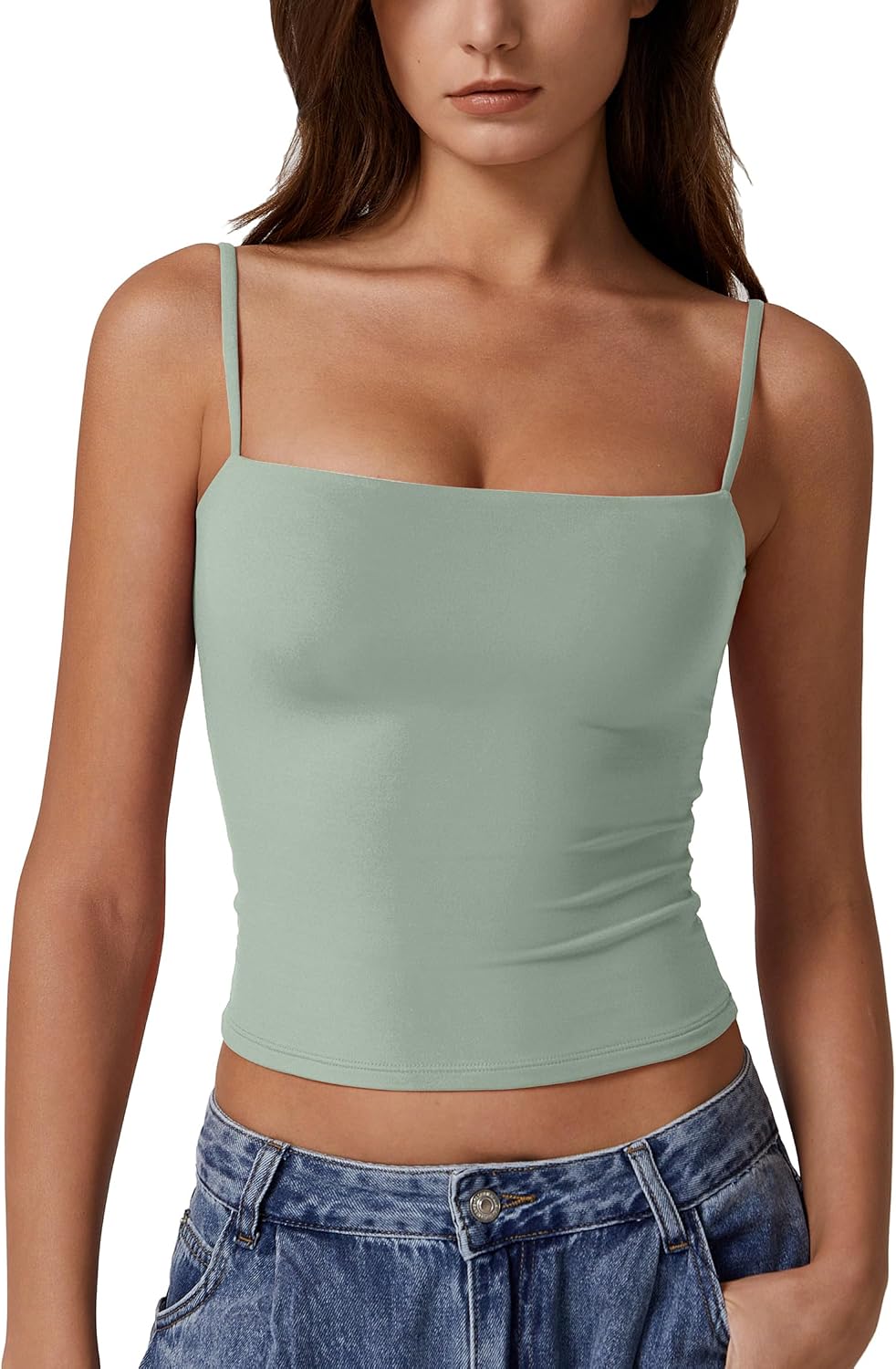 Detalle de QINSEN Women's Double Lined Basic Tank Top with Adjustable Spaghetti Straps