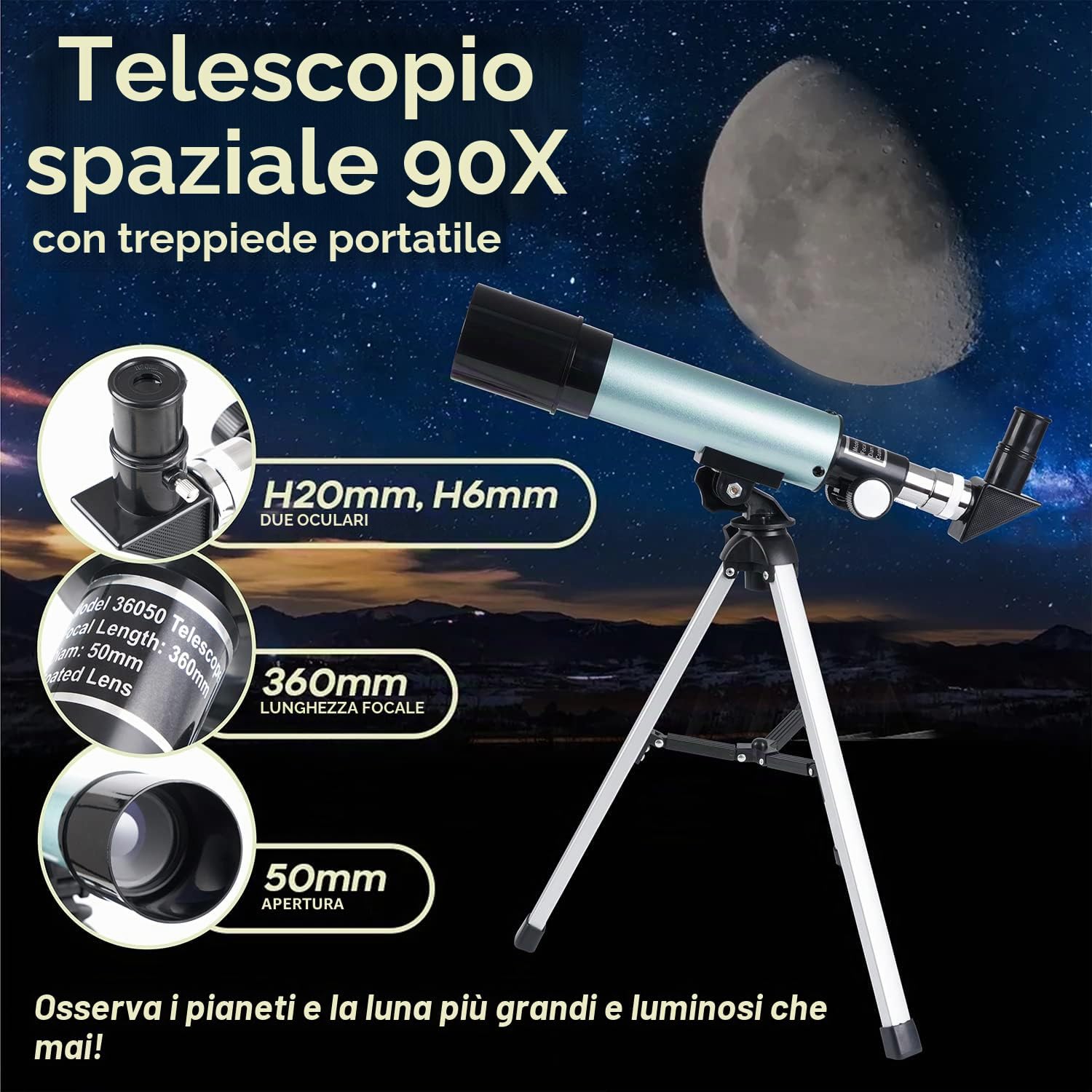 Detalle de Mijiao Telescopio astronomico per bambini 360/50 mm con zoom fino a 90X e treppiede regolabile