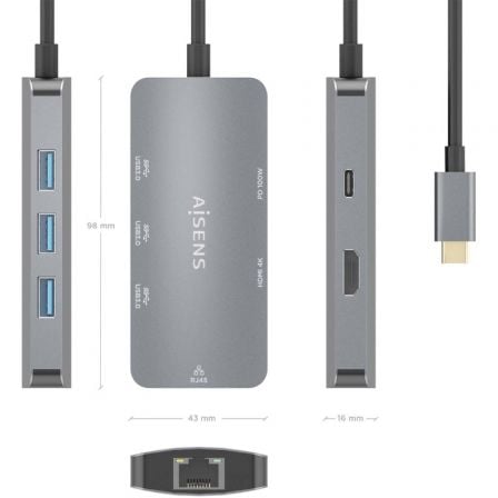 Detalle 2 de AISENS ASUC-6P019-GR Dock USB-C 6 en 1: versatilidad portátil para tu portátil