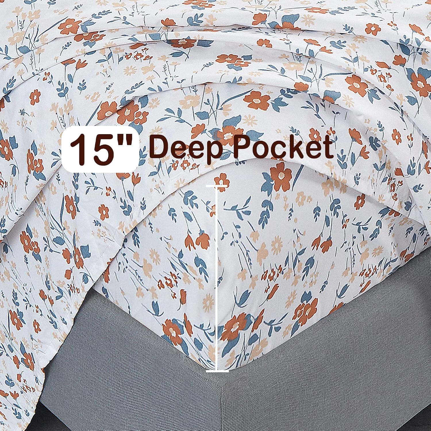 Detalle de Softan MICSHTADFLOWER01T Twin Microfiber Sheet Set, Orange Floral, 15" Pocket