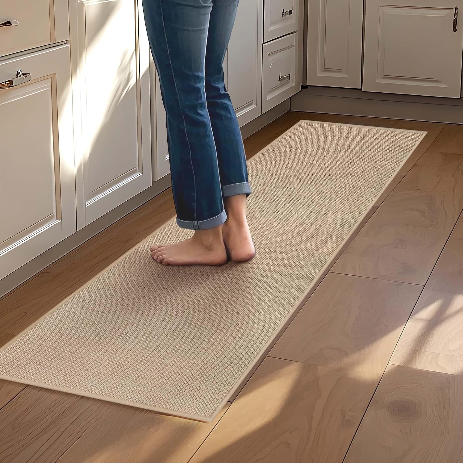 Tapis de cuisine long Mizuosre devant l’évier antidérapant et lavable 43,5 x 180 cm beige