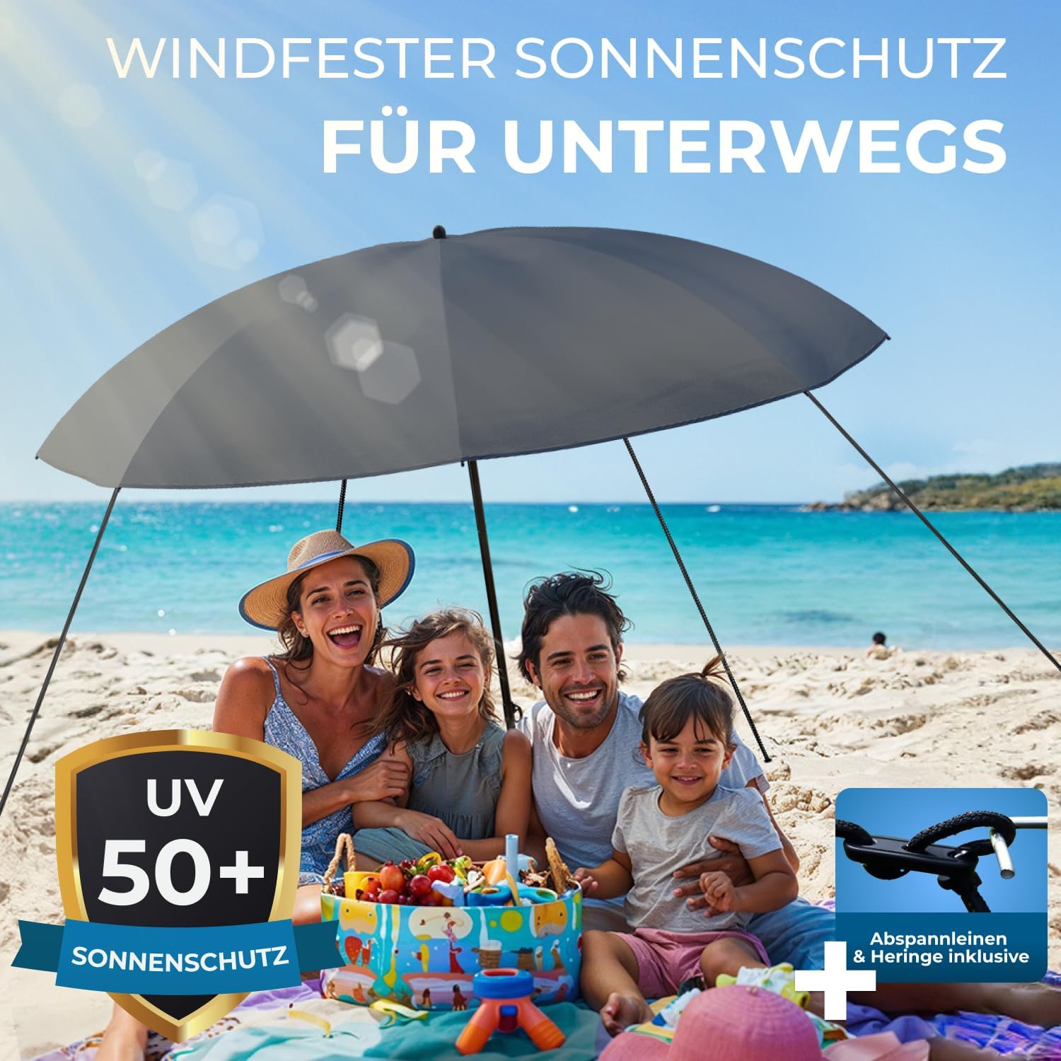 Detalle de STYNGARD Reise Sonnenschirm NIZZA – UV50+ Strandschirm, Ø155 cm, grau, kompakt mit Abspannleinen