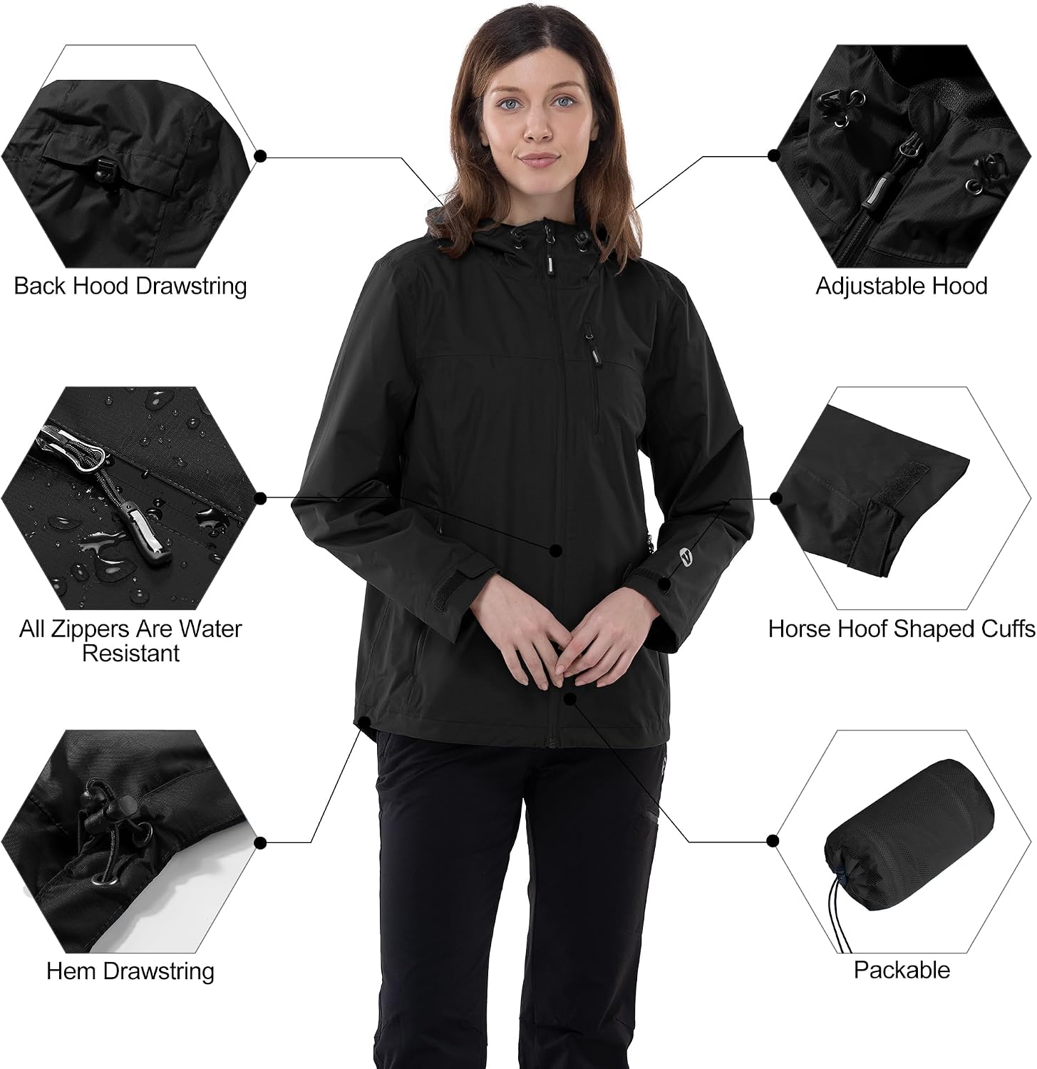 Detalle de Outdoor Ventures Packable Rain Jacket Women – Lightweight, Waterproof with Hood for Cycling