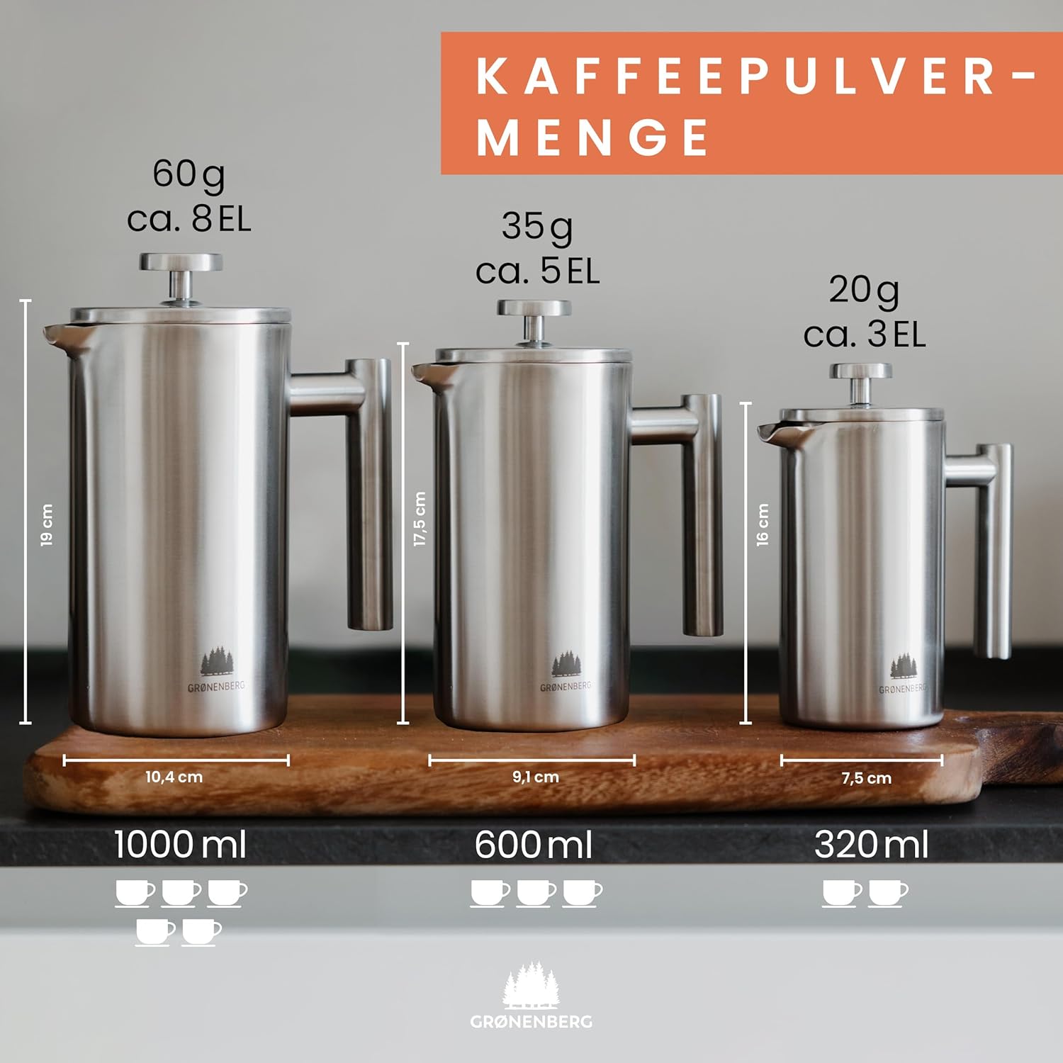 Thumbnail 6 de Grønenberg French Press Thermo mit Warmhalte-Funktion aus Edelstahl – Kaffeebereiter in 3 Größen