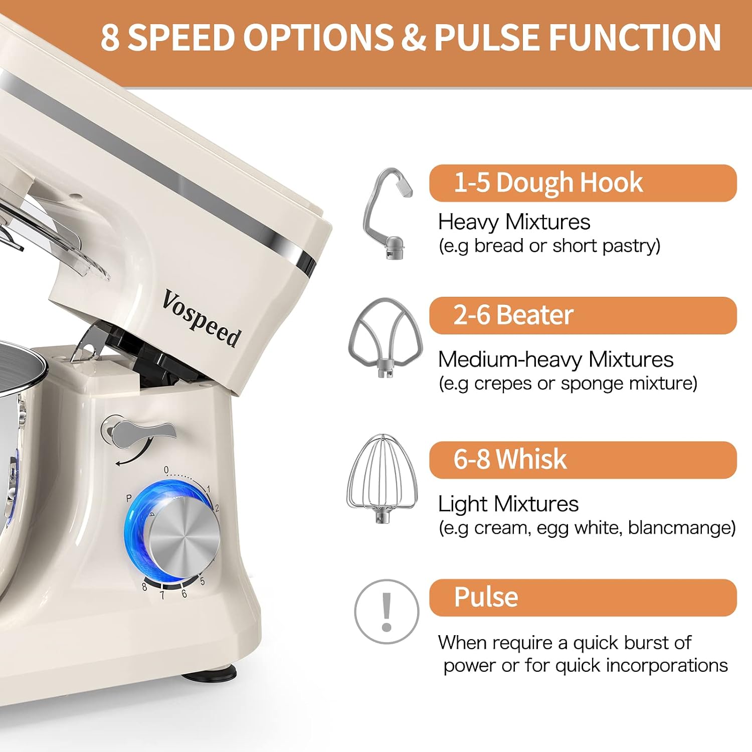 Detalle de Vospeed Stand Mixer 4.5L + 5L Bowls, 1000W Tilt-Head with Dough Hook, Whisk, Beater and Splash Guard – Cream White