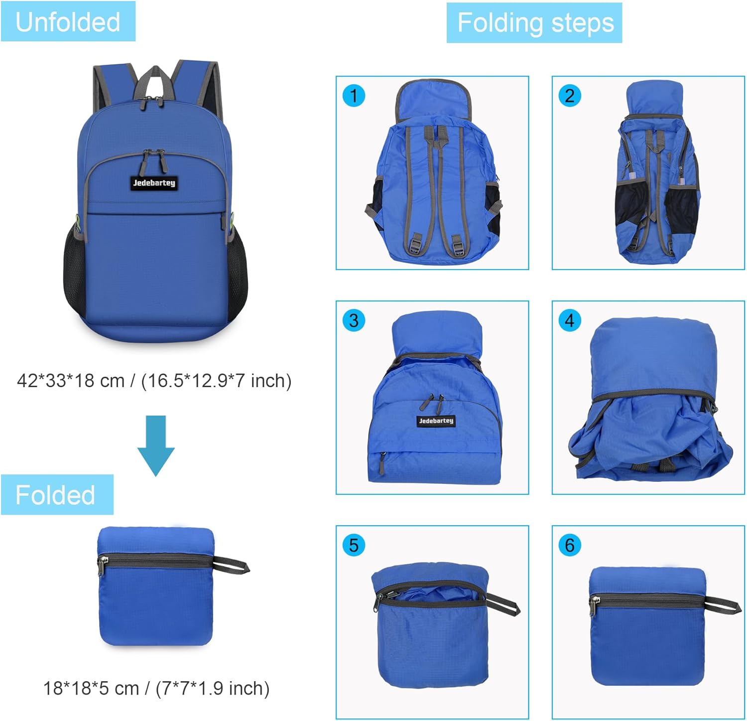 Detalle de Jedebartey Rucksack 20L Ultra Lightweight Foldable Daypack