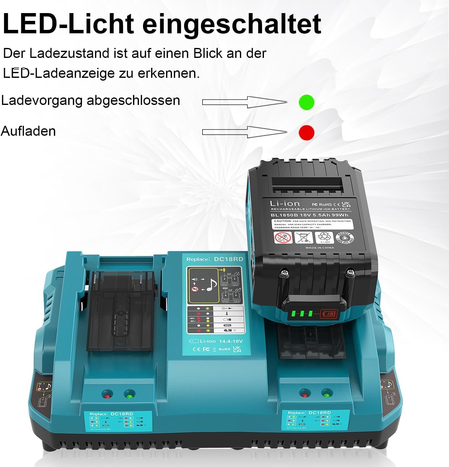 Thumbnail 6 de DC18RD Ladegerät mit 2×5500mAh Ersatzakkus für Makita 18V – kompatibel mit BL1815, BL1830, BL1840, BL1850, BL1860, BL1890, BL1415, BL1430, BL1440