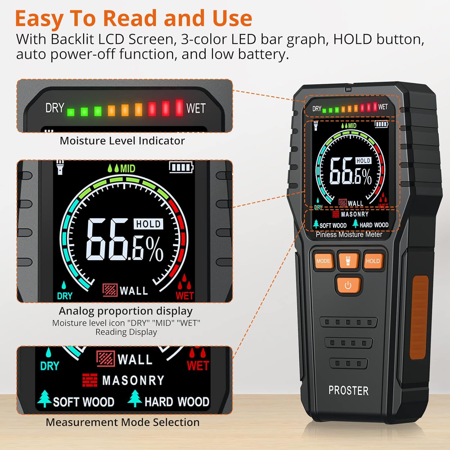 Detalle de Proster Pinless Moisture Meter 3/4"