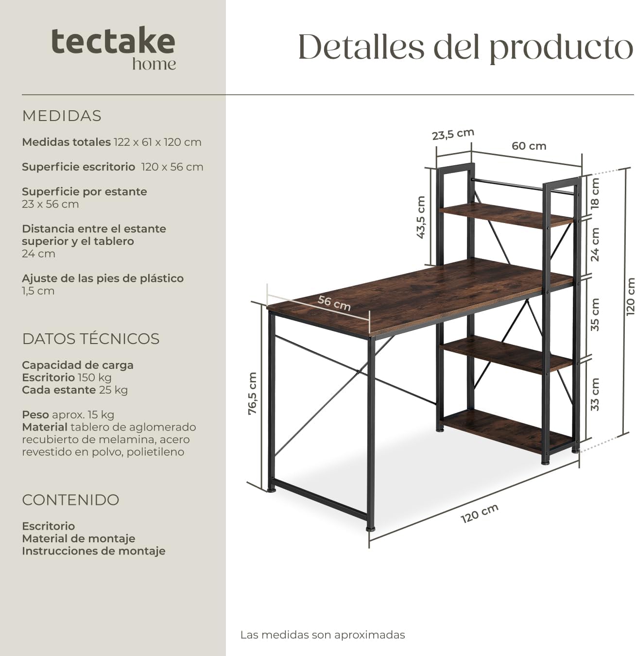 Thumbnail 2 de tectake Mesa Escritorio 3 Estantes Ajustables