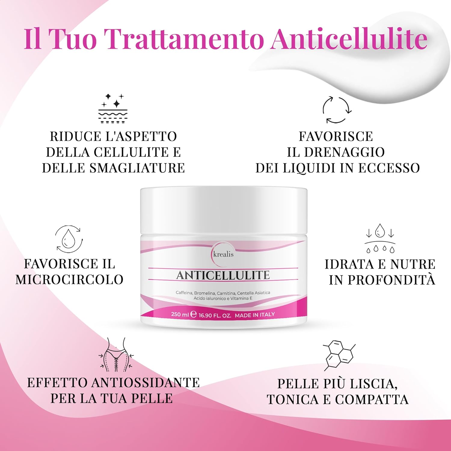 Detalle de Crema Anticellulite Forte 250 ml – Krealis, rassoda corpo e drenante per cosce, glutei, pancia e fianchi