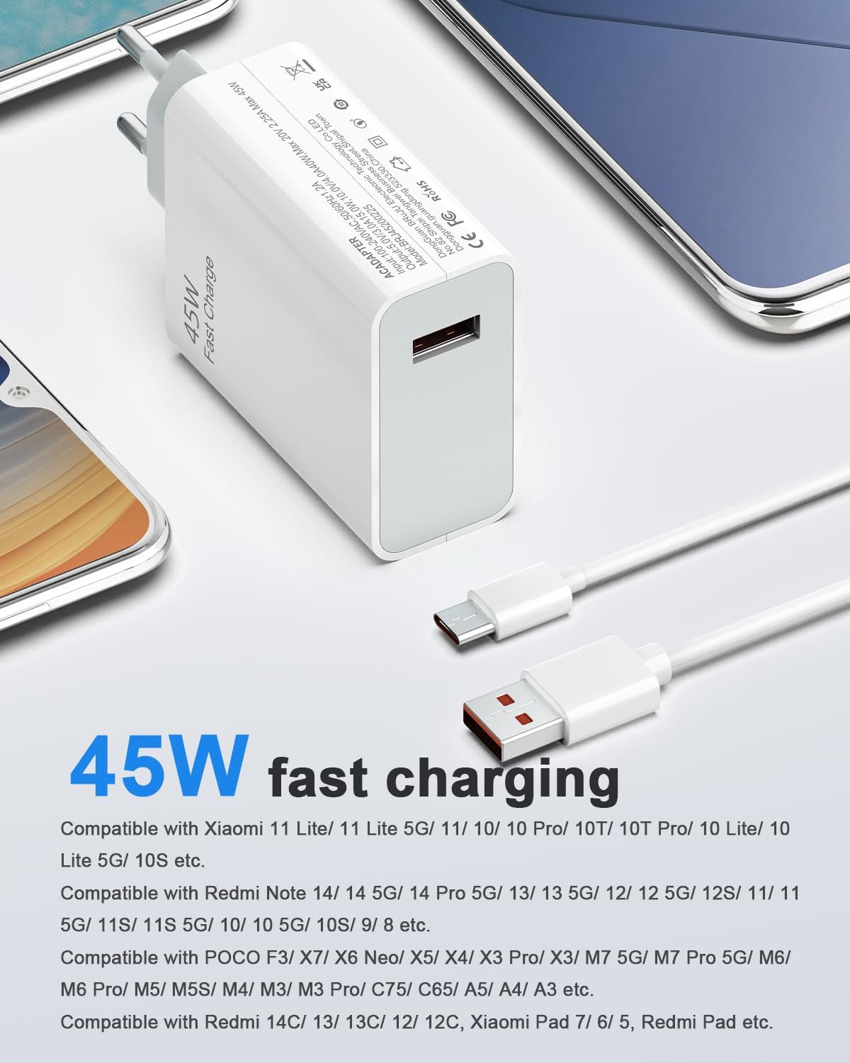 Detalle de Jippofu Caricabatterie USB-C 45W: ricarica rapida per Xiaomi e Redmi (1 m, 100–240 V)