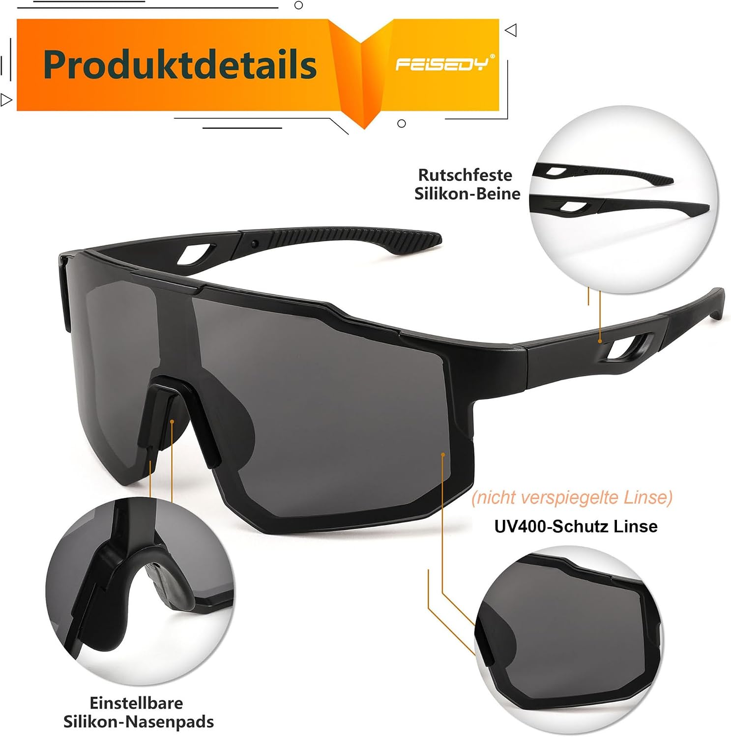 Detalle de FEISEDY Sport Sonnenbrille – Verspiegelte Radbrille mit UV400-Schutz, Großes Sichtfeld