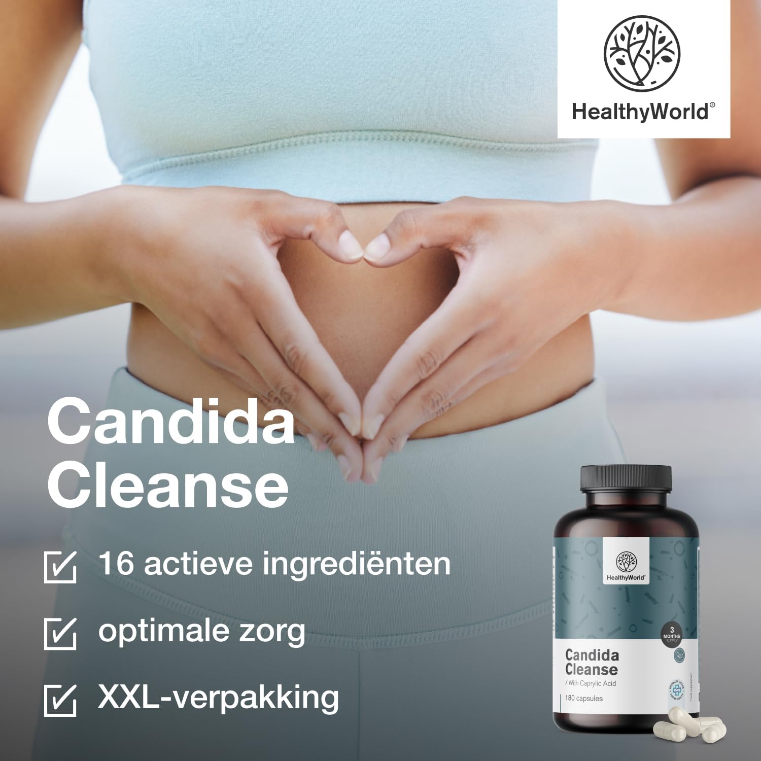 Detalle 1 de HealthyWorld Candida Cleanse capsules met 16 actieve ingrediënten, 180 stuks