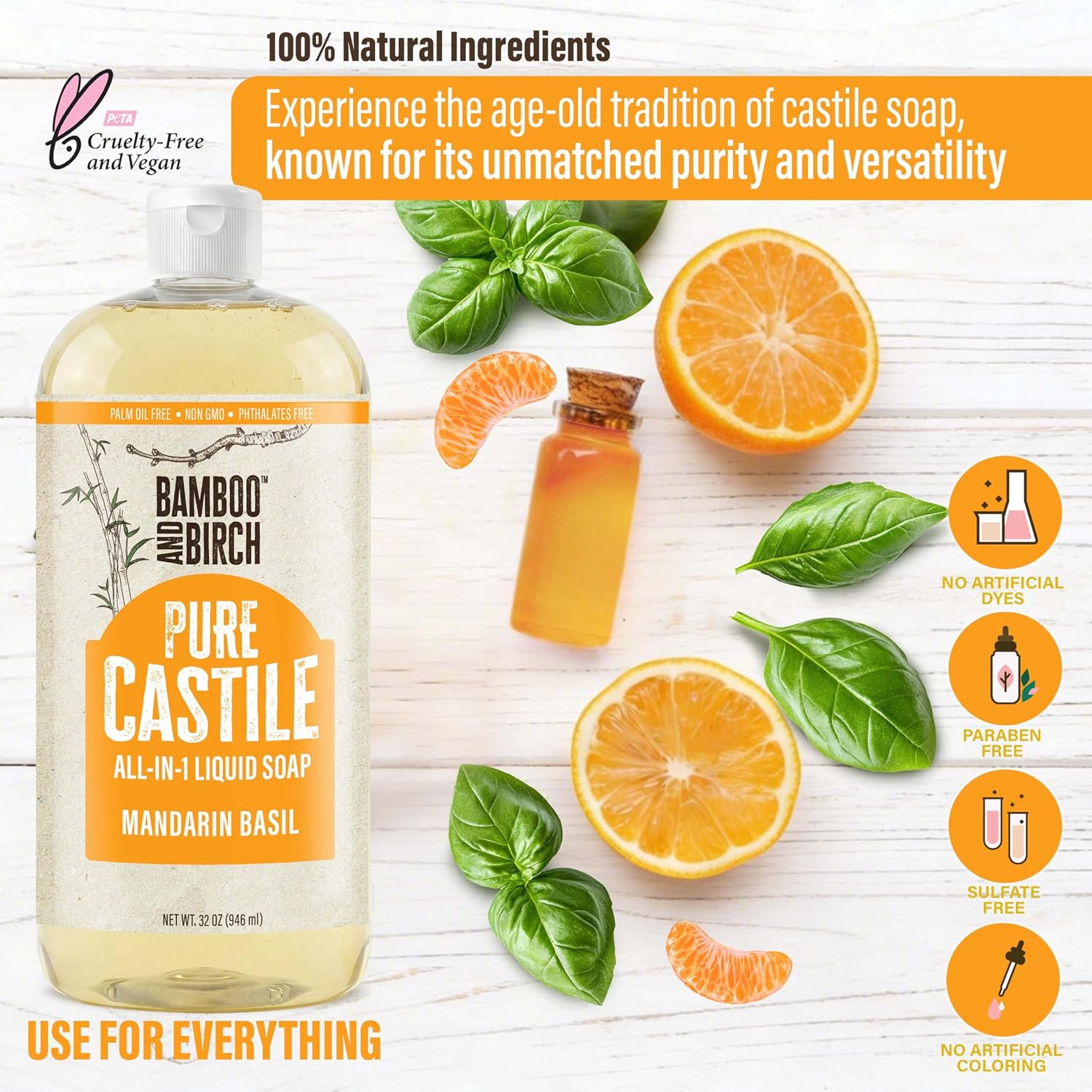 Detalle 1 de BAMBOO AND BIRCH Pure Castile Soap Liquid, Mandarin Basil, 32 oz