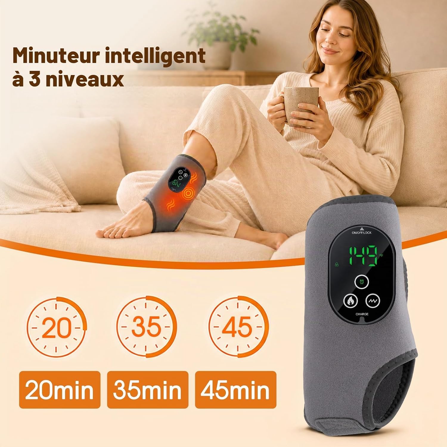 Detalle de MQUPIN 3-in-1 voetmassageapparaat met warmte, vibratie en timer