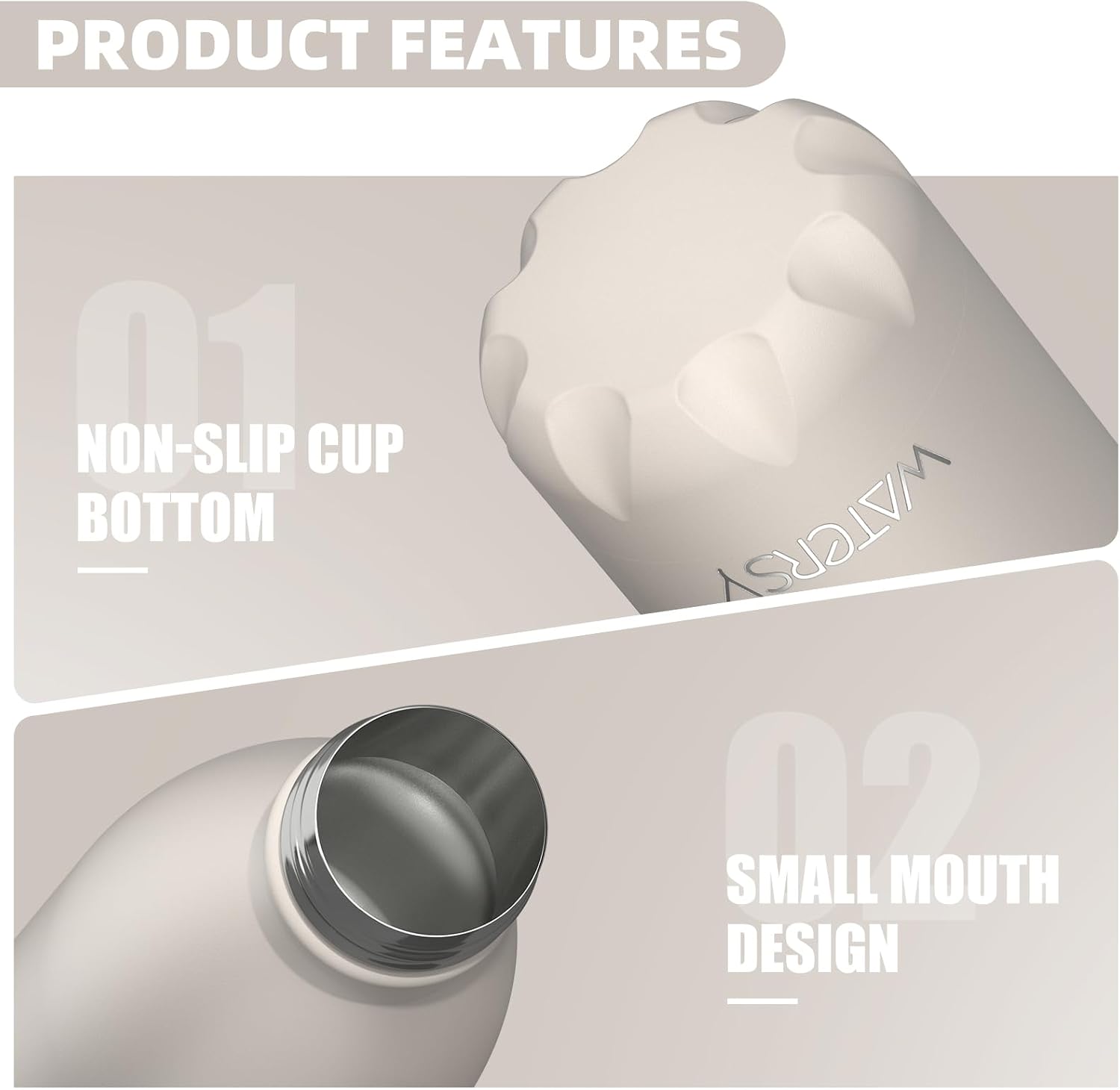 Detalle de WATERSY double-walled stainless steel insulated water bottle (500ml) – 24 hrs cold, 12 hrs hot, BPA-free (ivory beige)