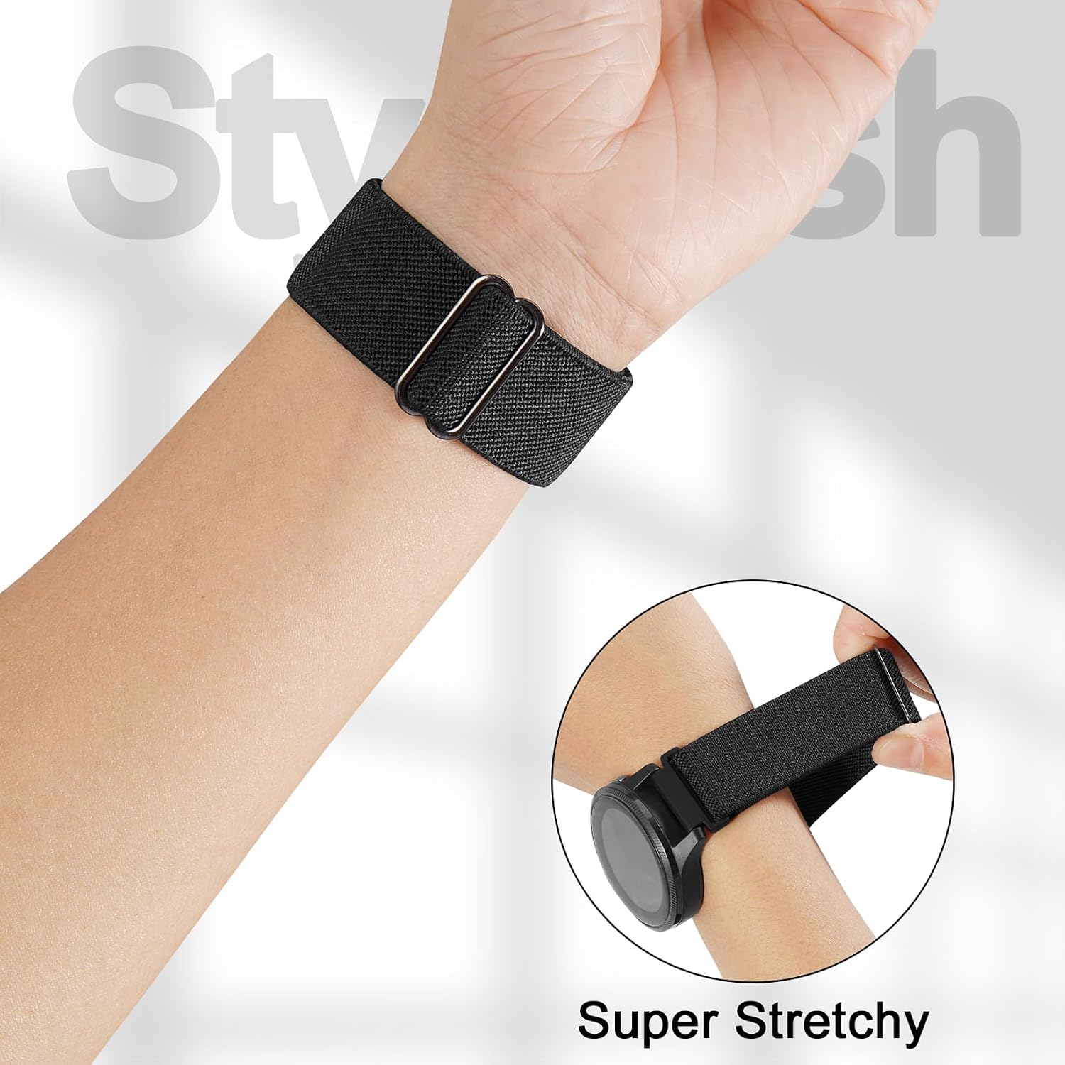 Detalle 2 de Wizvv 3-Pack Elastic Nylon Wristbands for Garmin Venu 2S/3S, Venu 4, Vivoactive 4S, VivoMove 3S, Forerunner 255S/265S (18 mm) – 120–220 mm Wrist Size