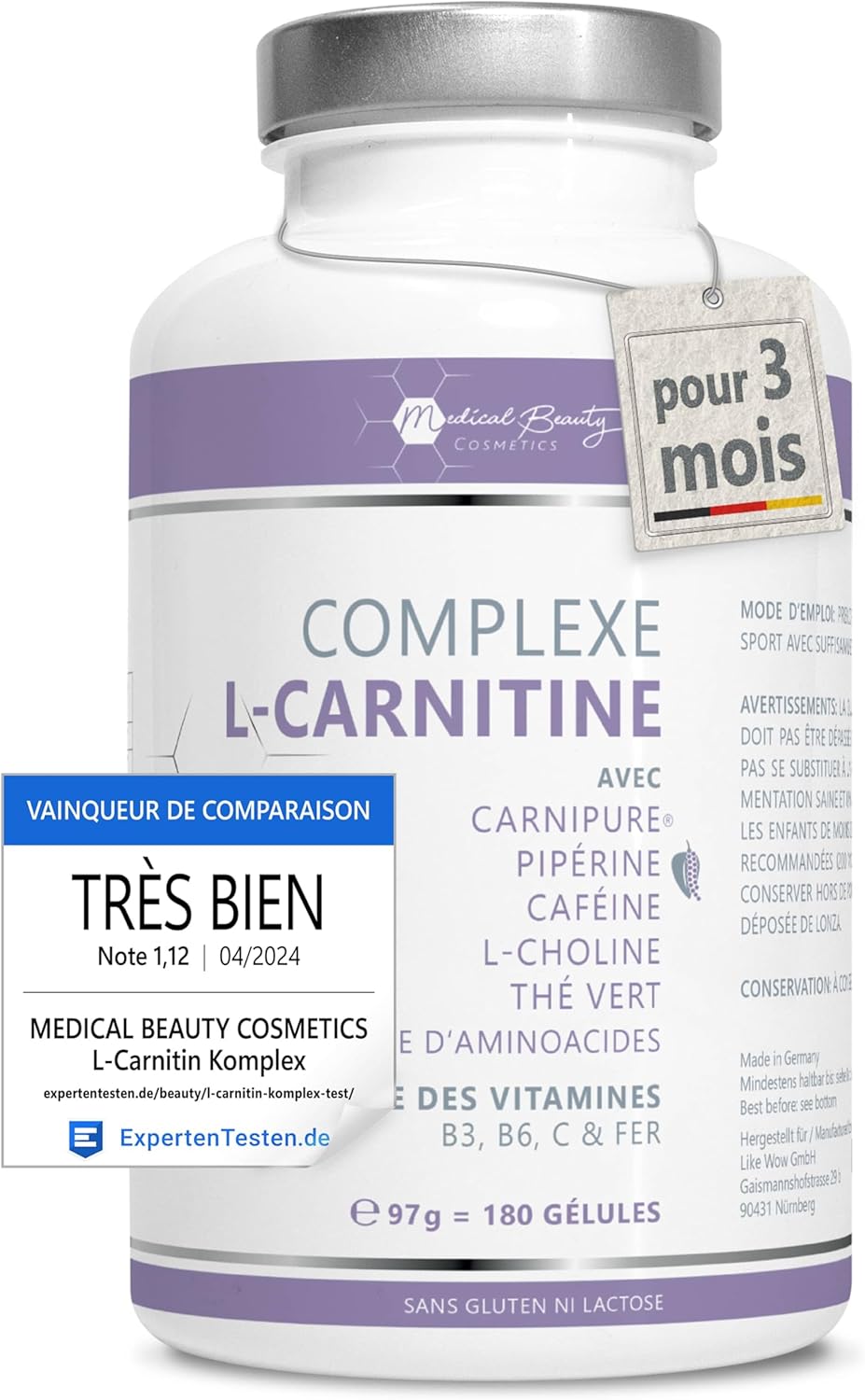 Detalle de Complexe de L-Carnitine Carnipure® – 180 capsules vegan hautes doses avec thé vert, caféine, choline et pipérine