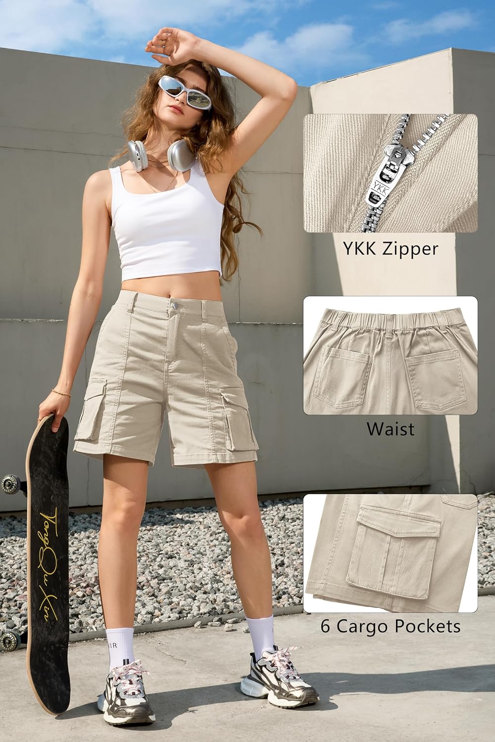 Detalle de IVIR Bermuda Cargo Shorts for Women – Knee Length, 6 Pockets, Elastic Waist