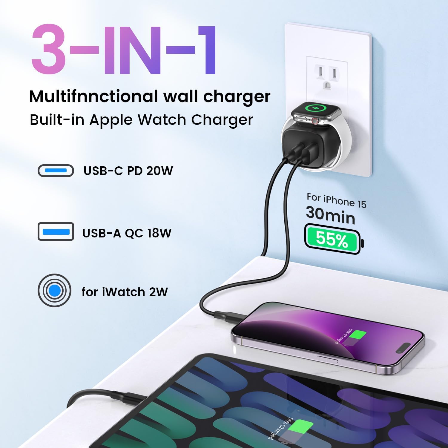 Thumbnail 2 de TOPADRE PD 20W USB C Charger Block for Apple Watch: 3-in-1 Magnetic Watch Pad with 20W USB-C and 18W USB-A