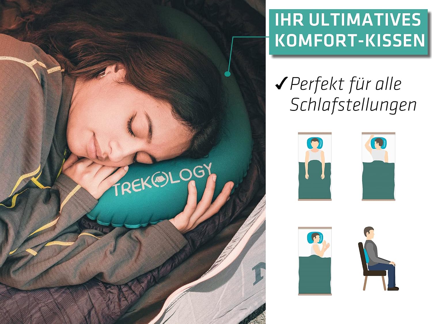 Detalle 2 de TREKOLOGY Camping Kissen Ultraleicht (Version 2.0) – aufblasbares Nackenkissen für Camping, Trekking & Wandern