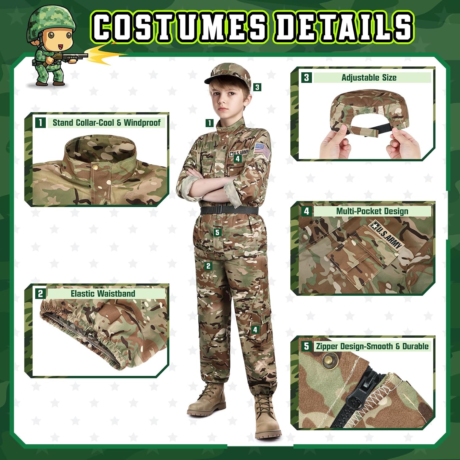 Detalle 2 de GIFTINBOX Army Costume for Boys, 15-Piece Camo Soldier Dress-Up Set