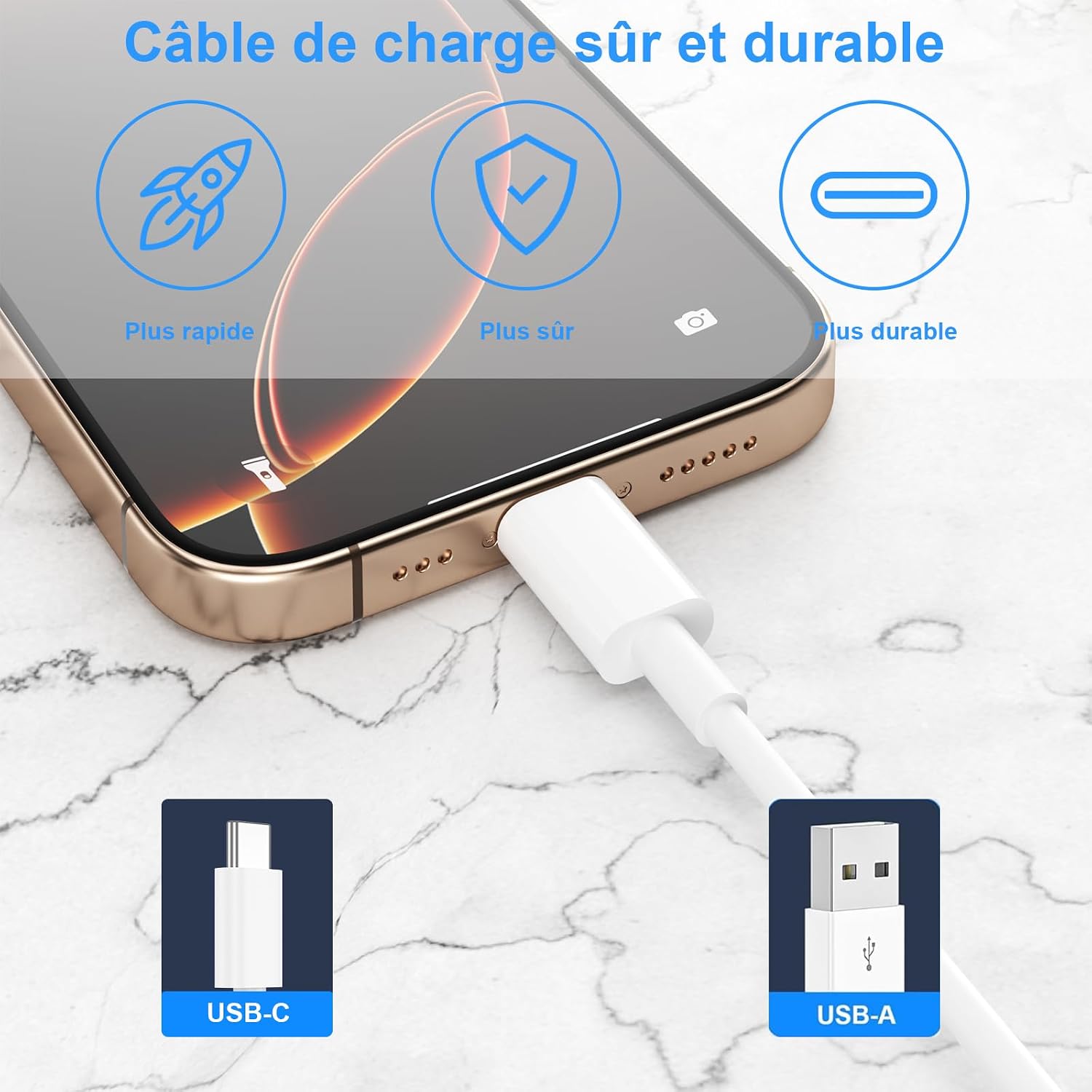 Thumbnail 4 de Cable USB C Charge Rapide 3A 1m+2m